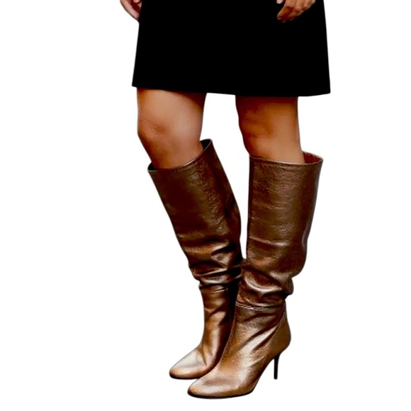 Zara Metallic Golden Bronze Kitten Heel Boots Almond Toe Y2K Size US9 EU40 NWT - Picture 3 of 16